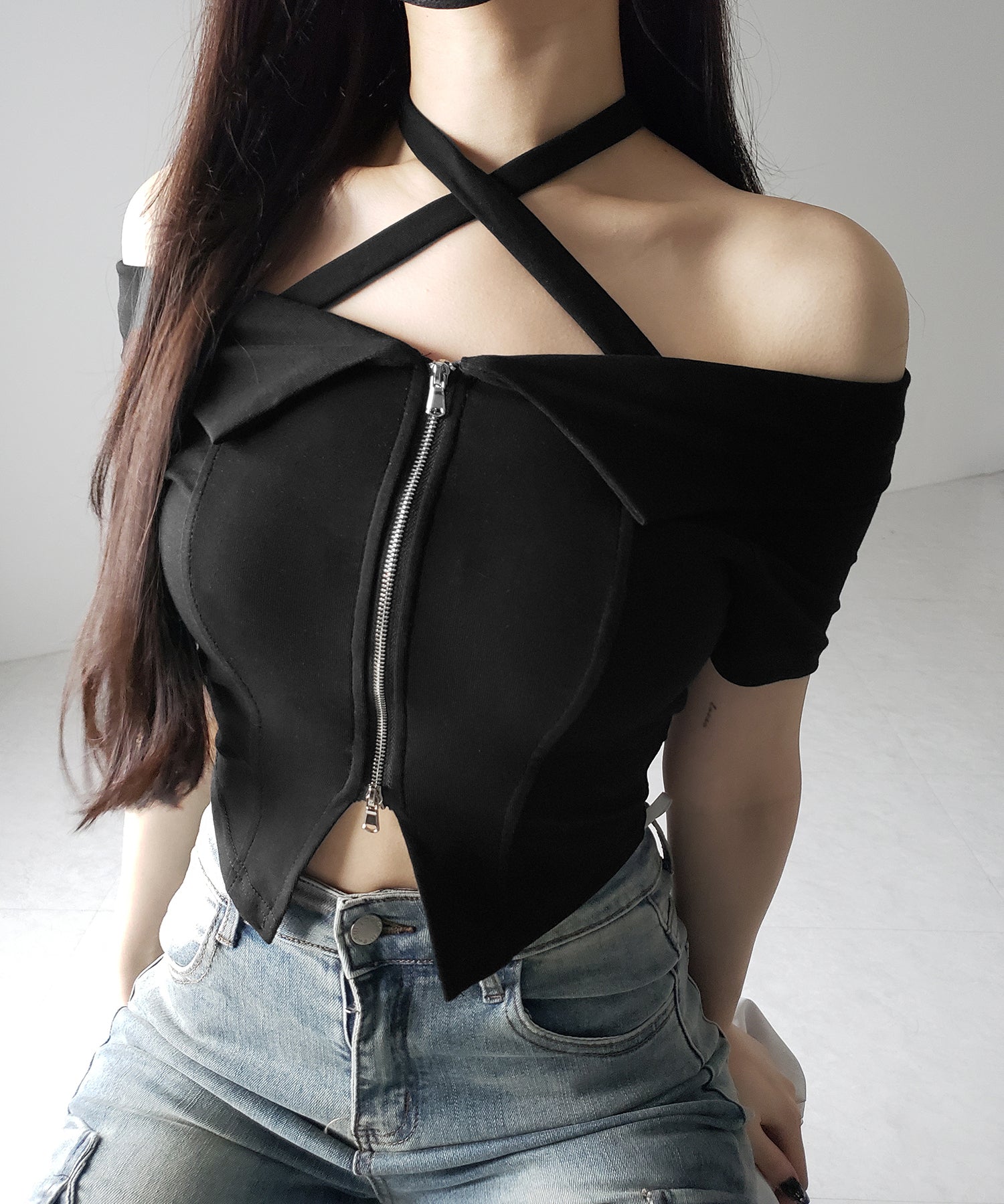 【 ３color 】ダブルジップクロスネックオフショルＴシャツ ／ double zip cross neck off shoulder T-shirt