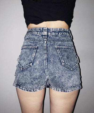 【 デニムセットアップ着用可能 】ヴィンテージケミカルブリーチカーゴデニムミニスカパン ／ vintage chemical bleach cargo denim mini skirt pants