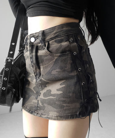 ヴィンテージカモフラレースアップデニムミニスカパン ／ vintage camouflage lace up denim mini skirt pants