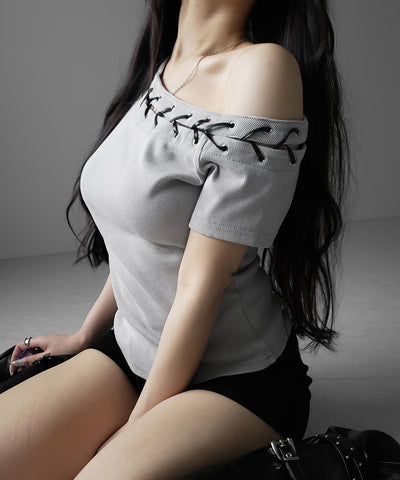ヴィンテージカットアウトレースアップ半袖ワンショルリブトップス ／ vintage cutout laceup short sleeve one shoulder lib tops