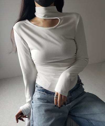 【 ２color 】カットアウトアシメチョーカーカットソートップス ／cutout asymmetry choker cutsew tops