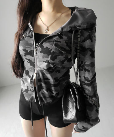 ヴィンテージカモフラダブルジップカットパーカー ／ vintage camouflage double zip cut hoodie