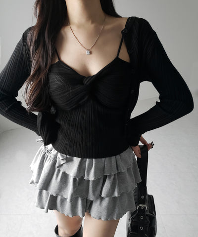 【 2点セット 】ツイストリブニットキャミソール ＋シアーリブショートカーディガン SET ／ twisted rib knit camisole + sheer rib short cardigan SET