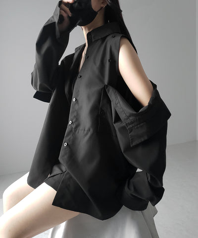 【 ３color 】オープンショルダーカットアウトビッグシャツ ／ open shoulder cutout big shirt