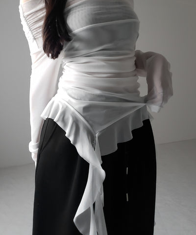 【 ２color 】アシンメトリーフリルオフショルシアートップス ／ asymmetrical frill off-shoulder sheer tops