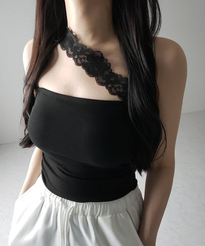 【 ２color ／ カップ付 】ナナメレーススクエアキャミソール ／ naname lace square camisole