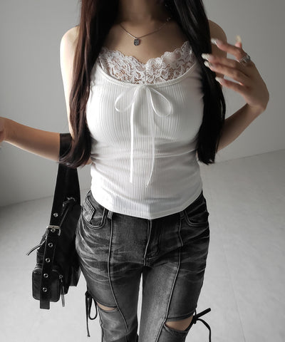 【 ３color ／ カップ付き 】フロントリボンレースドッキングキャミソール ／front ribbon lace docking camisole