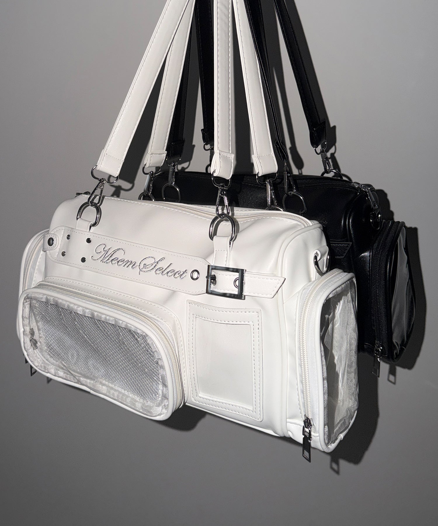 クリアポケット付きレタリング刺繍ショルダーバッグ ／ clear pocket lettering embroidery shoulder bag