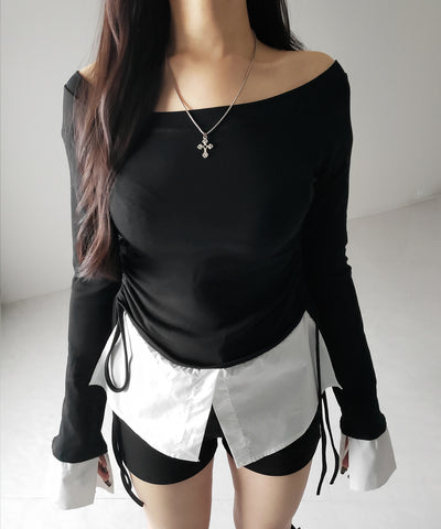 【 ２color ／ ２WAY 】シャツドッキングサイドリボンワンショルトップス ／shirt docking side ribbon oneshoulder tops