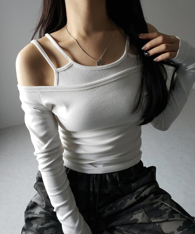 【 ２color 】レイヤードダブルストラップオフショルトップス ／ layerd double strap off shoulder tops