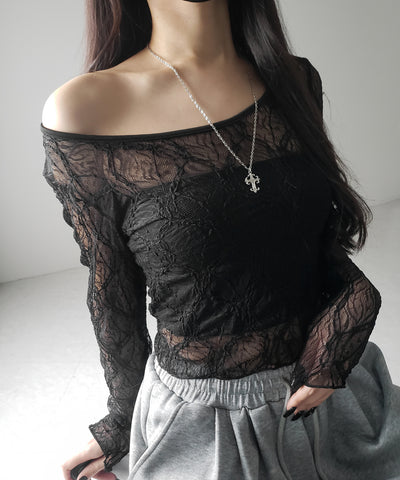 【 ２color ／２WAY 】ワンショルルーズシアーレーストップス ／ one shoulder loose sheer lace tops