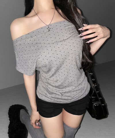 オフショルタックドレープドットＴシャツ ／ off shoulder tack drape shortsleeve dot T-shirts