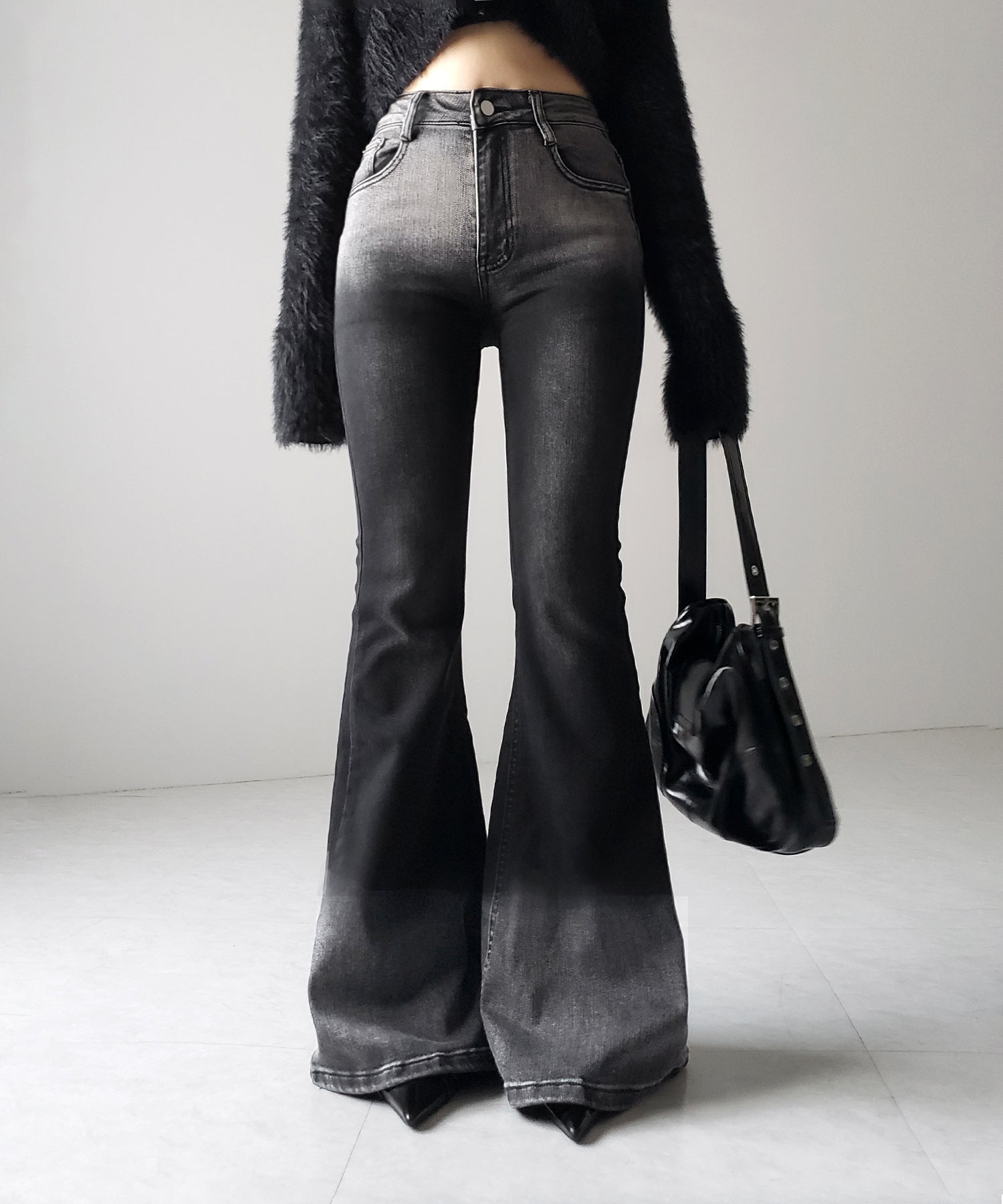 【４size 】ブリーチグラデーションストレッチブラックフレアデニム ／ bleach gradation stretch black flare denim