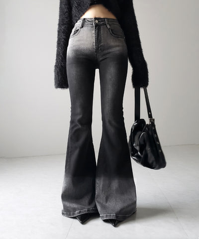 【４size 】ブリーチグラデーションストレッチブラックフレアデニム ／ bleach gradation stretch black flare denim