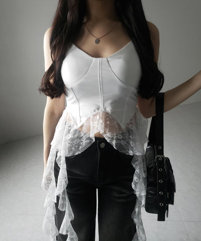 【 ２color 】レースフリルレイヤードビスチェキャミソール ／ lace frill layered bustier camisole