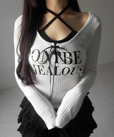 【 クロスネックにできる２WAY 】レースアップフェイクレイヤードロゴカットソートップス ／ laceup fake layered logo cutsew tops