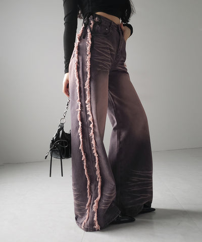 【 ３SIZE 】ヴィンテージピンクウォッシュダメージワイドデニム ／ vintage pink wash damage wide denim