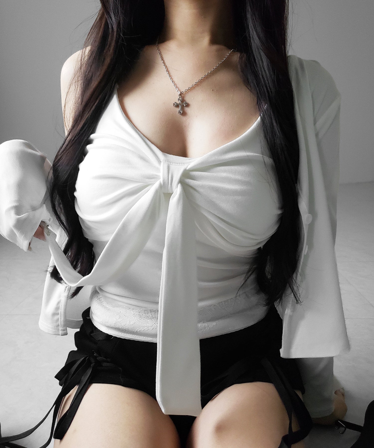 【 ２点セット 】リボンカットソーキャミソール ＋ カーディガンセット ／ribbon cutsew camisole + cardigan SET