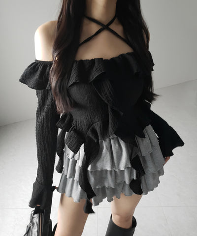 【 ２color 】クロスストラップリボンオフショルダーフリルブラウス ／ cross strap ribbon off shoulder frill blouse