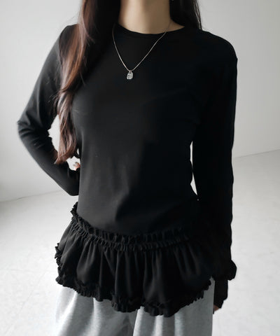 【 ３color 】裾フリルレイヤード長袖トップス ／ hem frill layered long sleeve tops