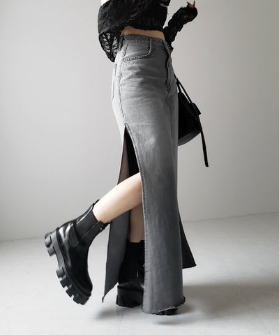 【 ３size 】深スリットダメージデニムロングマーメイドスカート ／ deep slit damage denim long mermaid skirt