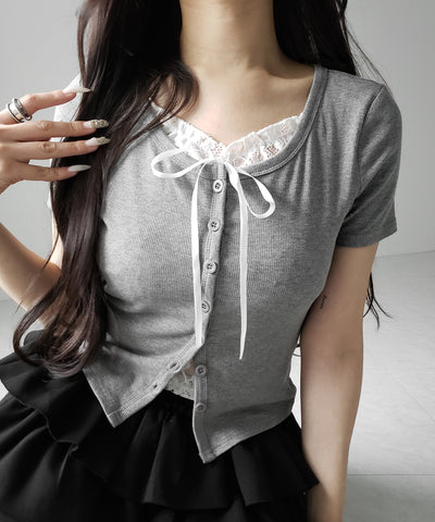 フロントリボンレースレイヤード半袖リブトップス ／front ribbon lace layered short sleeve rib tops