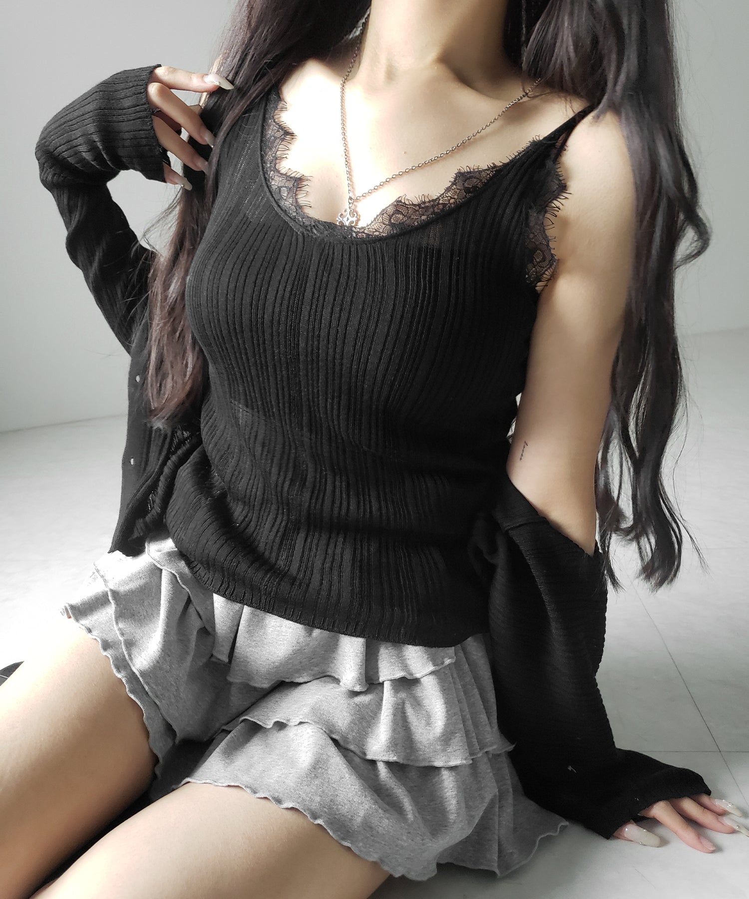 【 ２点セット 】レースニットキャミソール ＋ シアーニットカーディガン SET ／ lace knit camisole + sheer knit cardigan SET