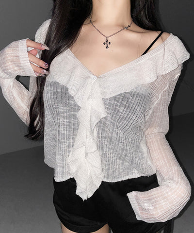 フリルシアールーズニットカーディガン ／ frill sheer loose knit cardigan