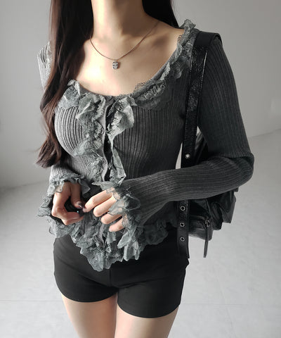 【 ３color 】レースフリルドッキングリブニットカーディガン ／ lace frill docking rib knit cardigan