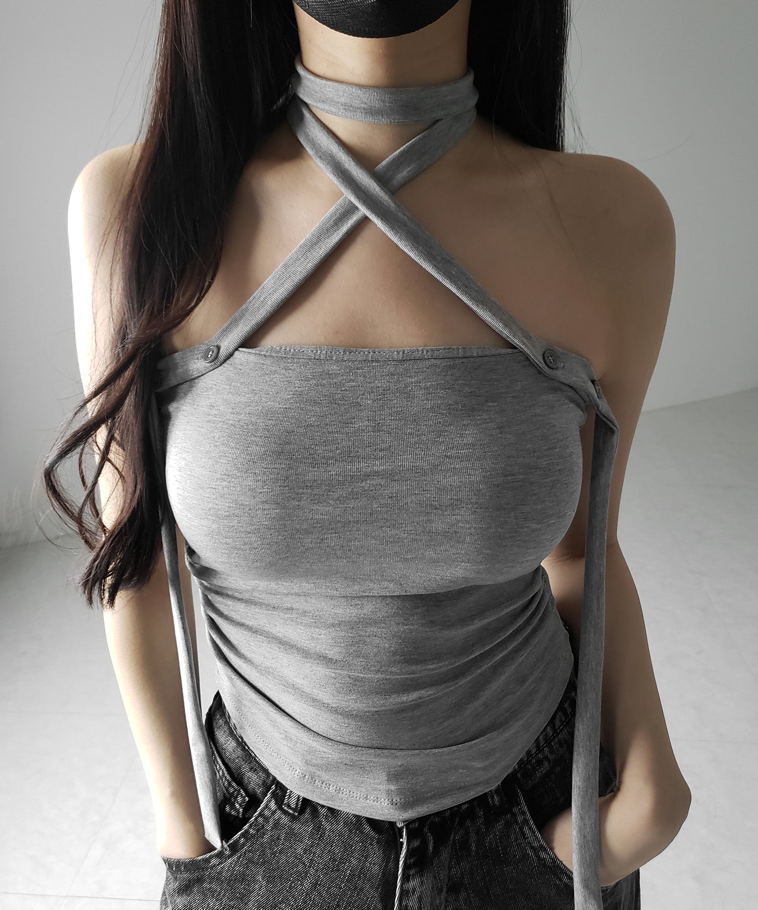 【 ３color ／ カップ付 】ロングチョーカークロスネックキャミソール ／ long choker cross neck camisole