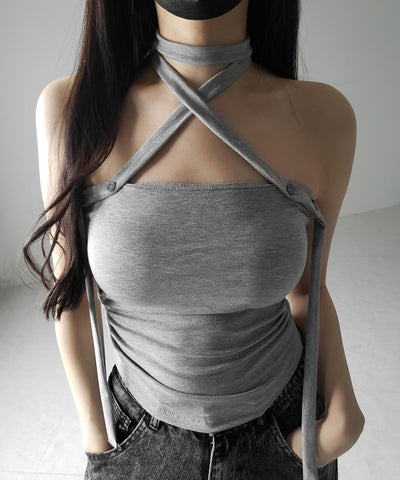 【 ３color ／ カップ付 】ロングチョーカークロスネックキャミソール ／ long choker cross neck camisole
