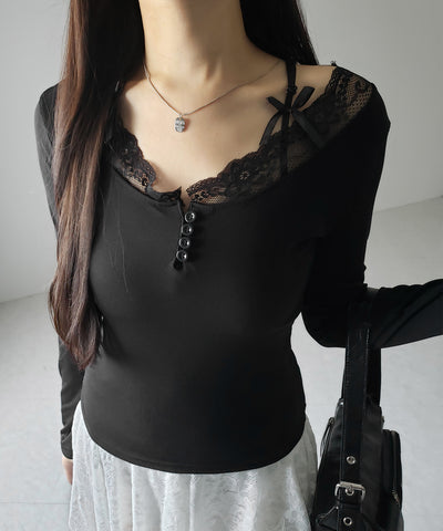 【 ２color 】ストラップダブルリボンレースカットソートップス ／ strap double ribbon lace cutsew tops