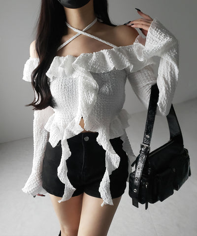 【 ２color 】クロスストラップリボンオフショルダーフリルブラウス ／ cross strap ribbon off shoulder frill blouse