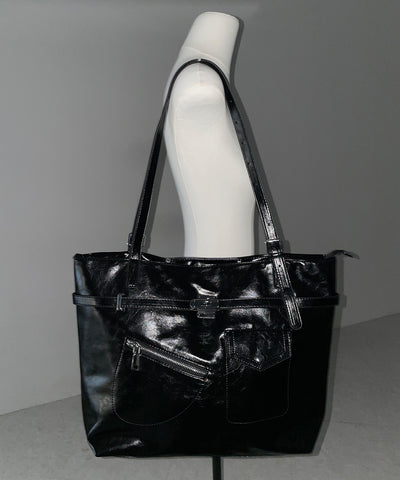 【 A4収納可 】デザインベルトフェイクレザースクエアトートバッグ ／ design belt fake leather square tote bag