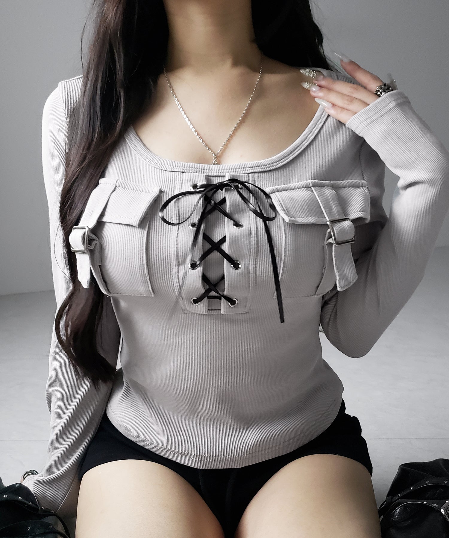 ヴィンテージレースアップアウトポケットスクエアリブロンT ／ vintage laceup outpocket square lib long slleve T-shirts