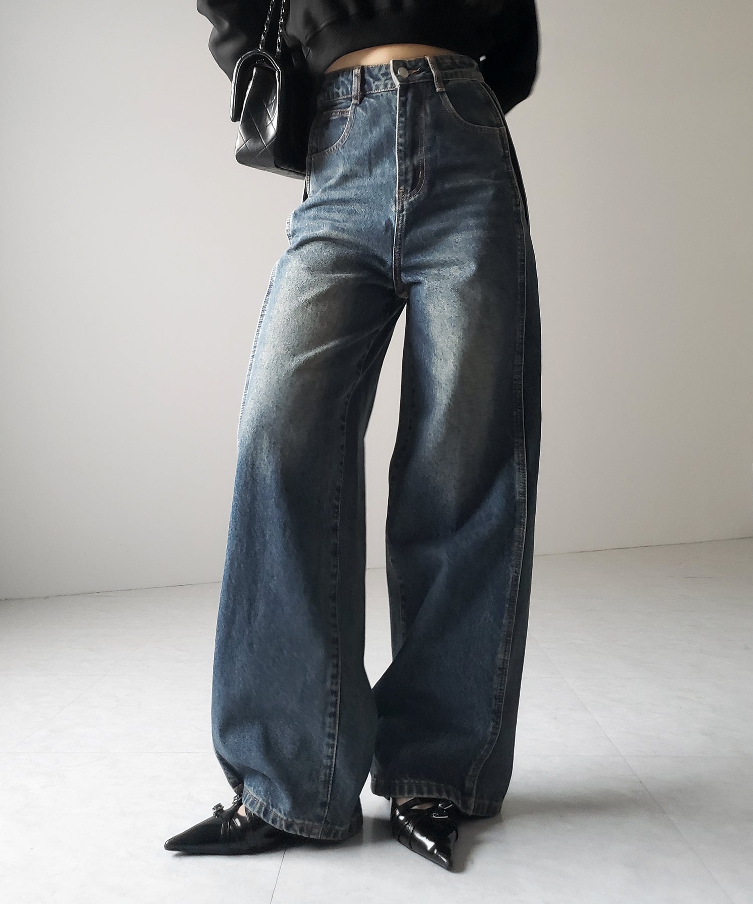 【 ３color ／ ４size 】サイドタック切替ハイウエストストレートデニム ／side tack kirikae highwaist straight denim
