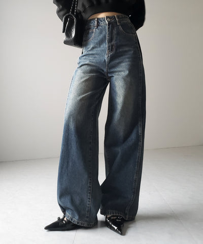 【 ３color ／ ４size 】サイドタック切替ハイウエストストレートデニム ／side tack kirikae highwaist straight denim