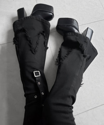 クロスデザインヴィンテージライクフリンジストレッチフレアデニム ／ cross design vintage-like fringe stretch flare denim