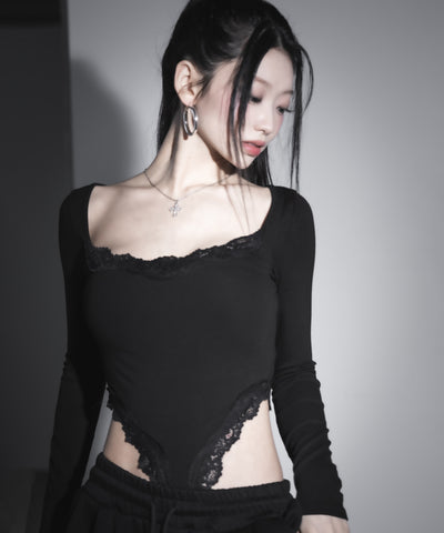 【 ２color 】カットアウトレースポイントボディスーツトップス ／cutout lace point bodysuit tops