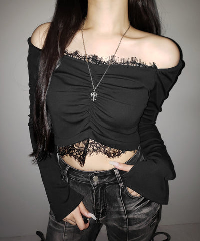 【 ２color 】レースドッキングシャーリングショートカットソートップス ／ lace docking shirring short cutsew tops