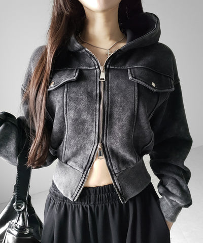 ピグメントダブルジップショートパーカー ／ pigment double zip short hoodie