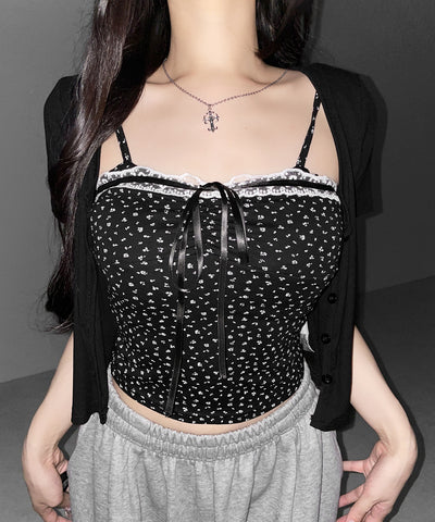 【 ２点セット 】小花柄レースリボンキャミソール ＋ カーディガンセット ／ mini flower lace ribbon camisole + cardigan SET