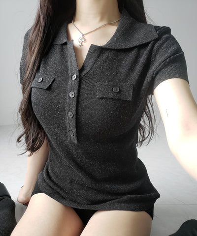 スキッパーボタンロングシアーニットトップス ／ skipper button long sheer knit tops