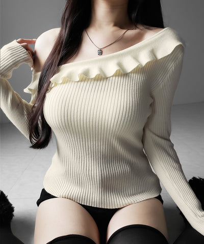 ワンショルフリルタイトリブニットトップス ／ one-shoulder frill tight rib knit tops