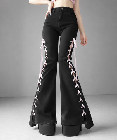 サテンリボンレースアップカットアウトストレッチフレアデニム ／ satin ribbon laceup cutout stretch flare denim