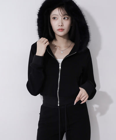 【 セットアップ 】ファーフードショートパーカー＆スウェットフレアパンツ ／ Fur short hoodie ＆ sweat flare pants SETUP