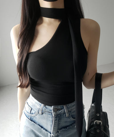 【 ３color ／ カップ付 】チョーカータイアシンメトリーワンショルキャミソール ／ choker tie asymmetry one-shoulder camisole