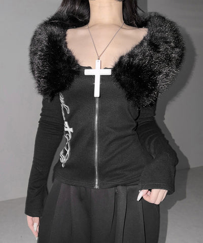 ファー襟クロスロゴジップアップリブカーディガン ／ fur collar cross logo zipup rib cardigan