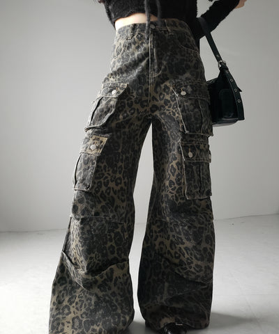 【 ２color ／ ４size 】レオパードヴィンテージタックワイドカーゴデニム ／ leopard vintage tuck wide cargo denim