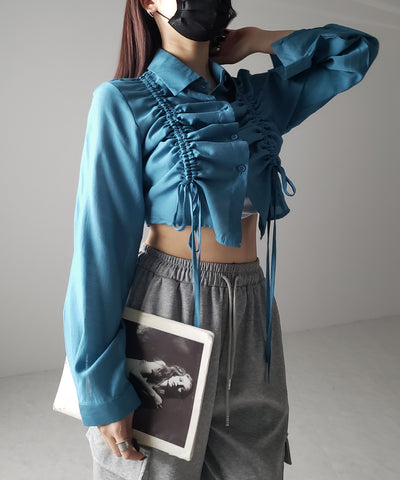 【 ３color 】ダブルリボンシャーリングショートシアーシャツ ／ double shirring ribbon short sheer shirts
